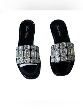Lauren Lorraine Black Crystal Slide Sandals Jade Size 7 Rhinestone